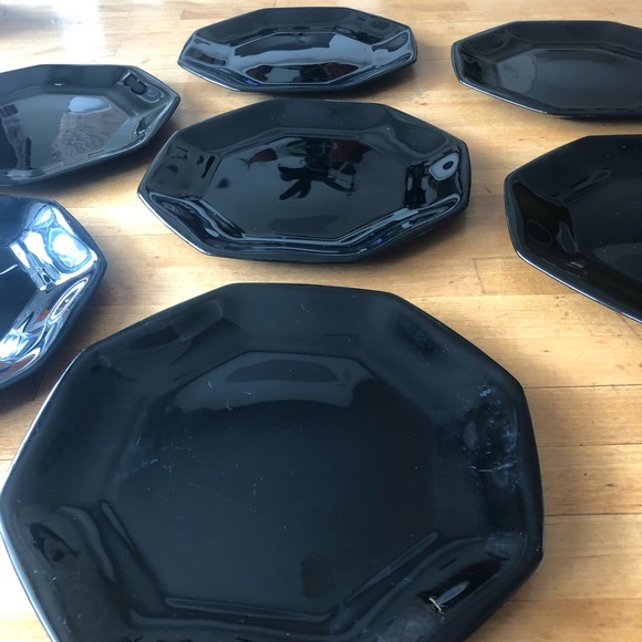Set of 7 Vintage Arcoroc Black Glass Octagon 7 1/2" Salad Dessert Plates France - Picture 4 of 7